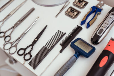 close-up view of set of various groomer tools on white table in pet salon