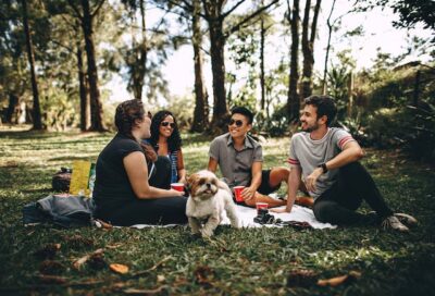 Group of People with their dog Sitting on White Mat on Grass Field