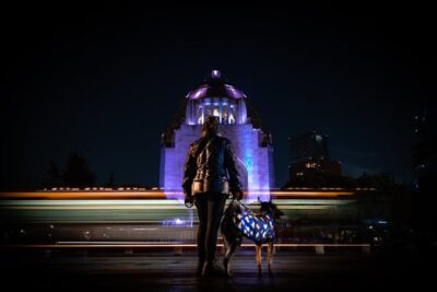 Woman with Dog by Temple Illuminated at Night