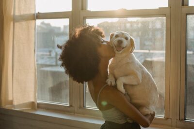 woman kissing cute purebred dog