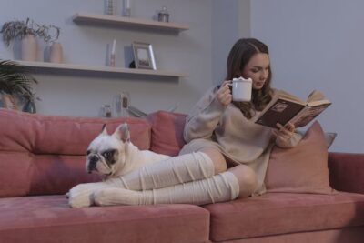 Woman with her dog Sitting on Couch while Reading a Book