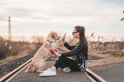 woman teaching her dog